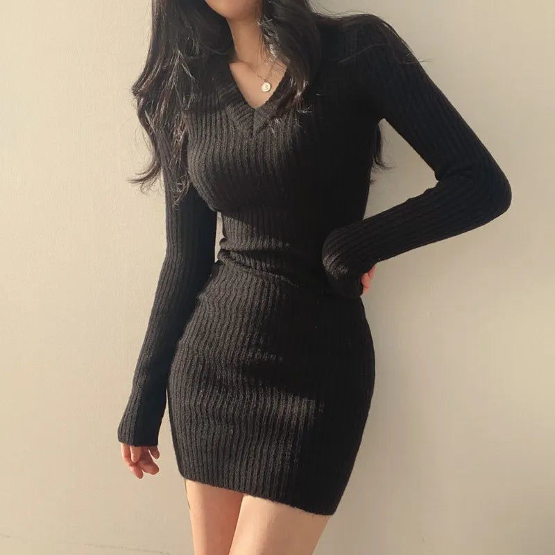 V Neck Ribbed Knit Mini Dress