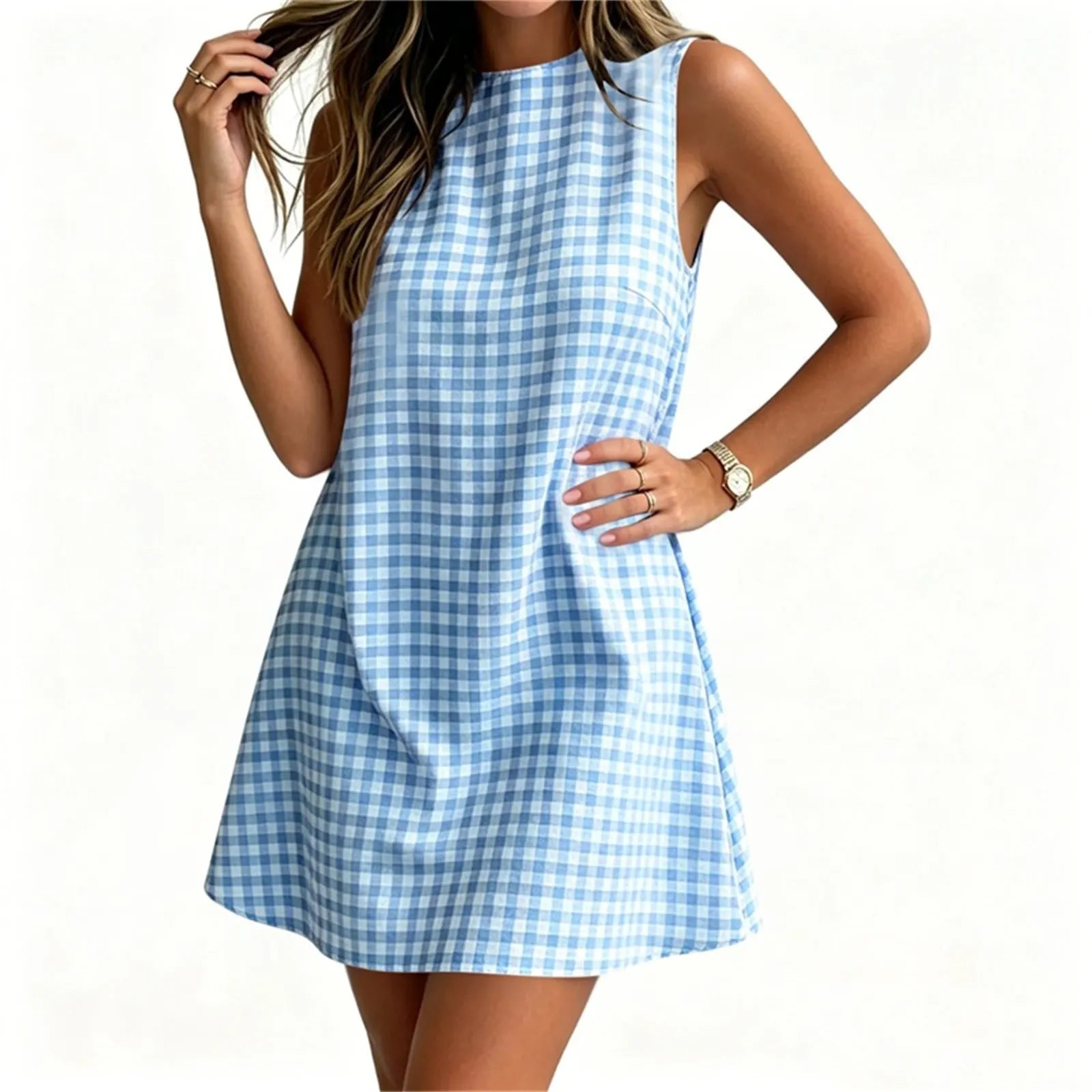 Round Neck Gingham Check Sleeveless Loose A-Line Mini Casual Dress