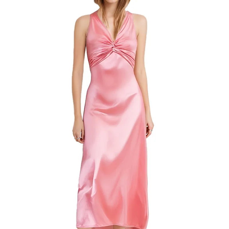 Twist-Front Satin Slip Midi Dress