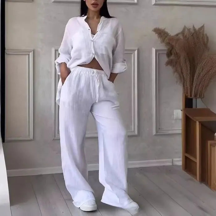 Green Linen-Blend Button-Down Shirt & Wide-Leg Pants Set