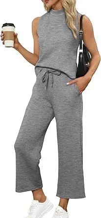 Sleeveless Mock Neck Top & Wide Leg Pants Casual Two-Piece Set