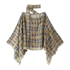 Boho Tartan Sheer Oversized Shirt, Cold Shoulder Batwing Long Sleeve Loose Plaid Blouse for Daily Outfit