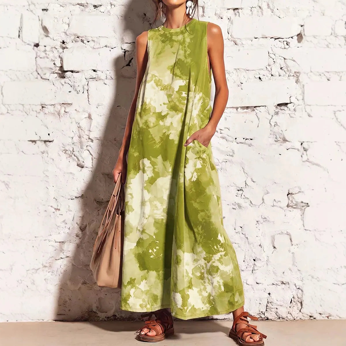 Blue Tie-Dye Sleeveless Loose Maxi Dress