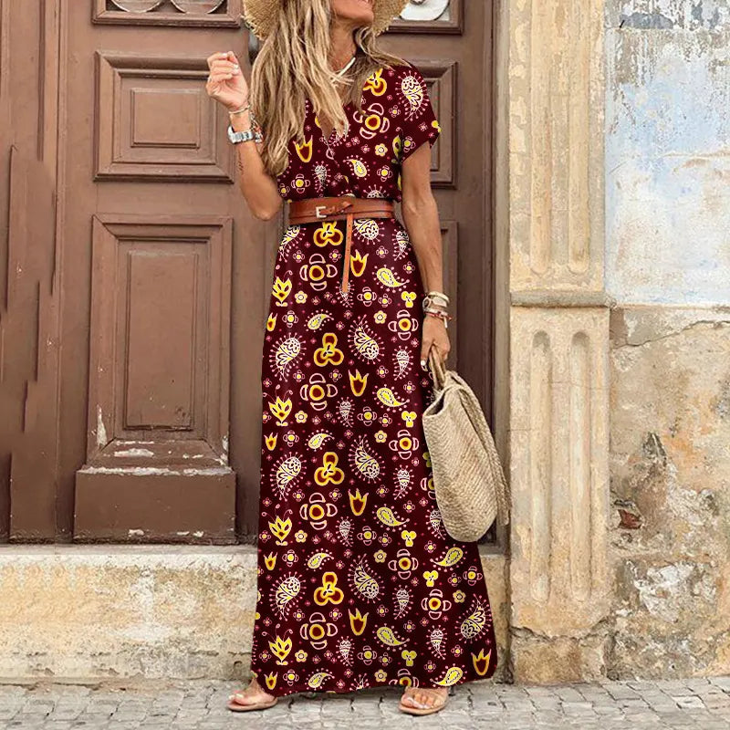 Wrap V Neck Short Sleeve Floral Print Maxi Dress