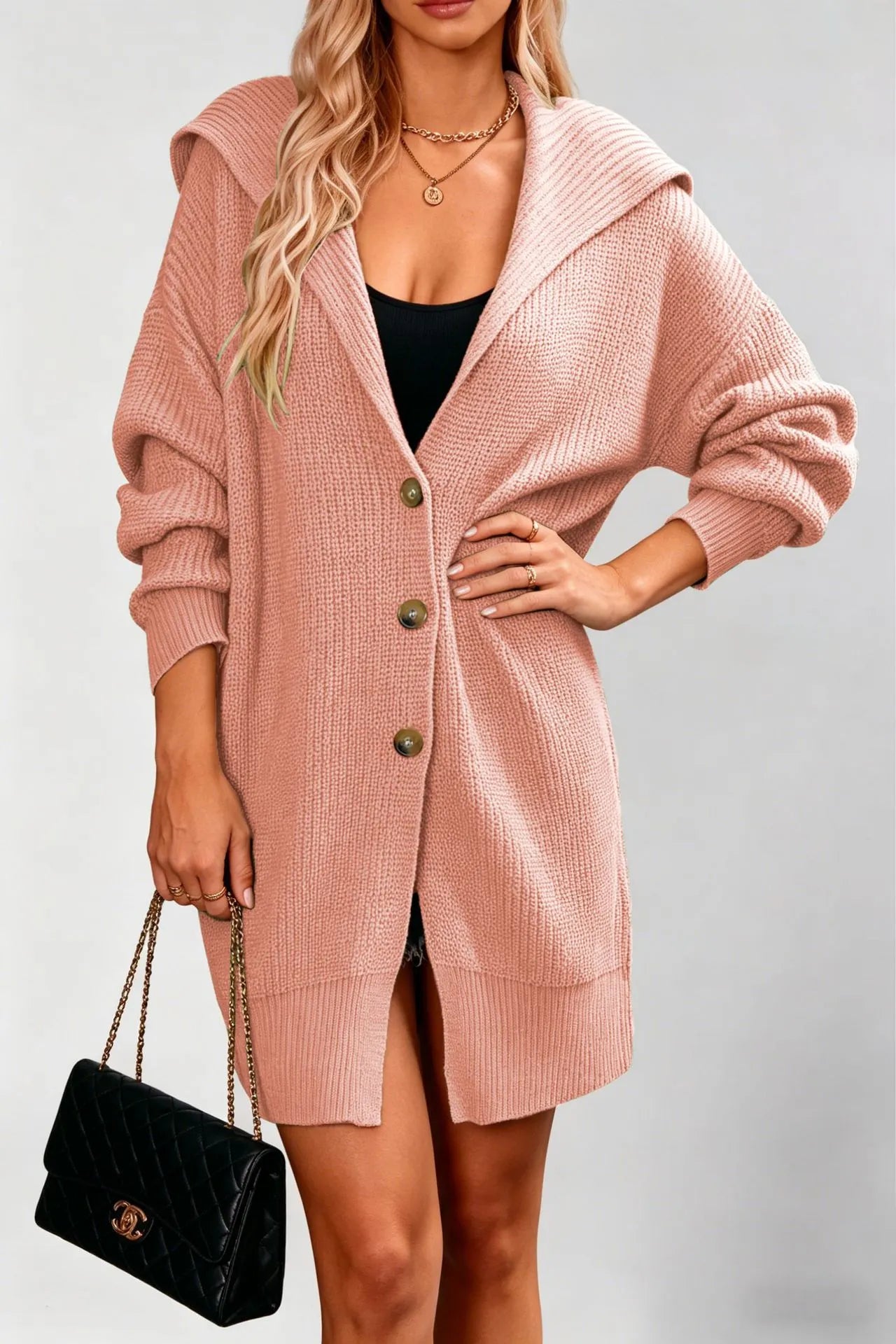 Waffle Knit Lapel Button Midi Pocket Cardigan Sweater