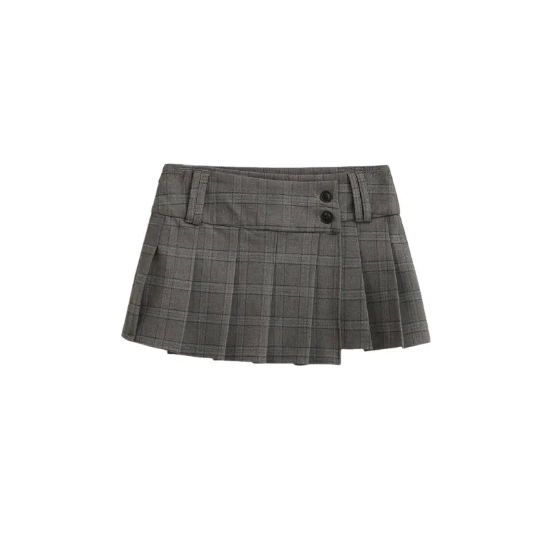Safety Shorts Lined Button Detail Plaid Pleated Skirt High Waist Casual Mini Skirt