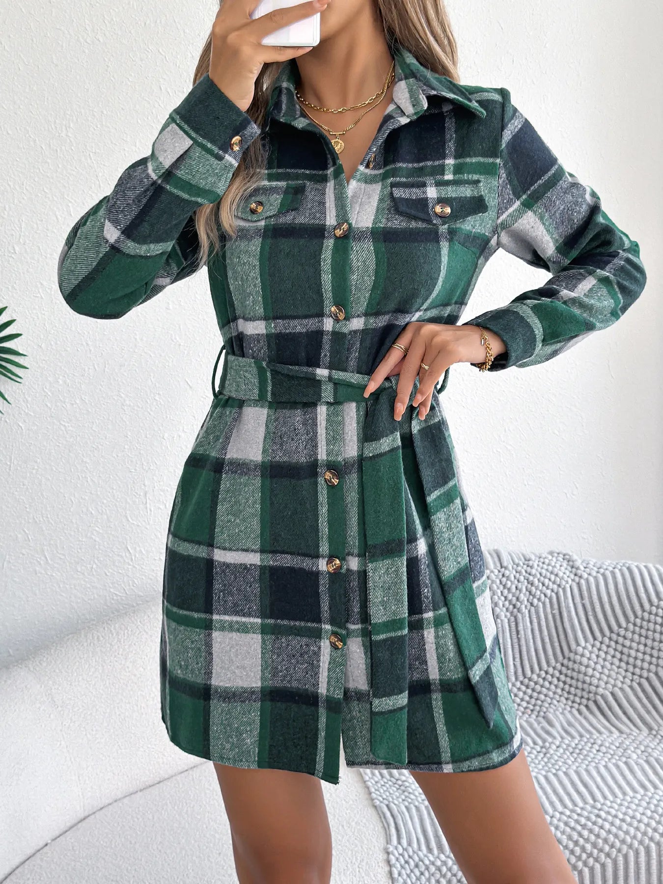 Lapel Plaid Belted Shirt Dress
