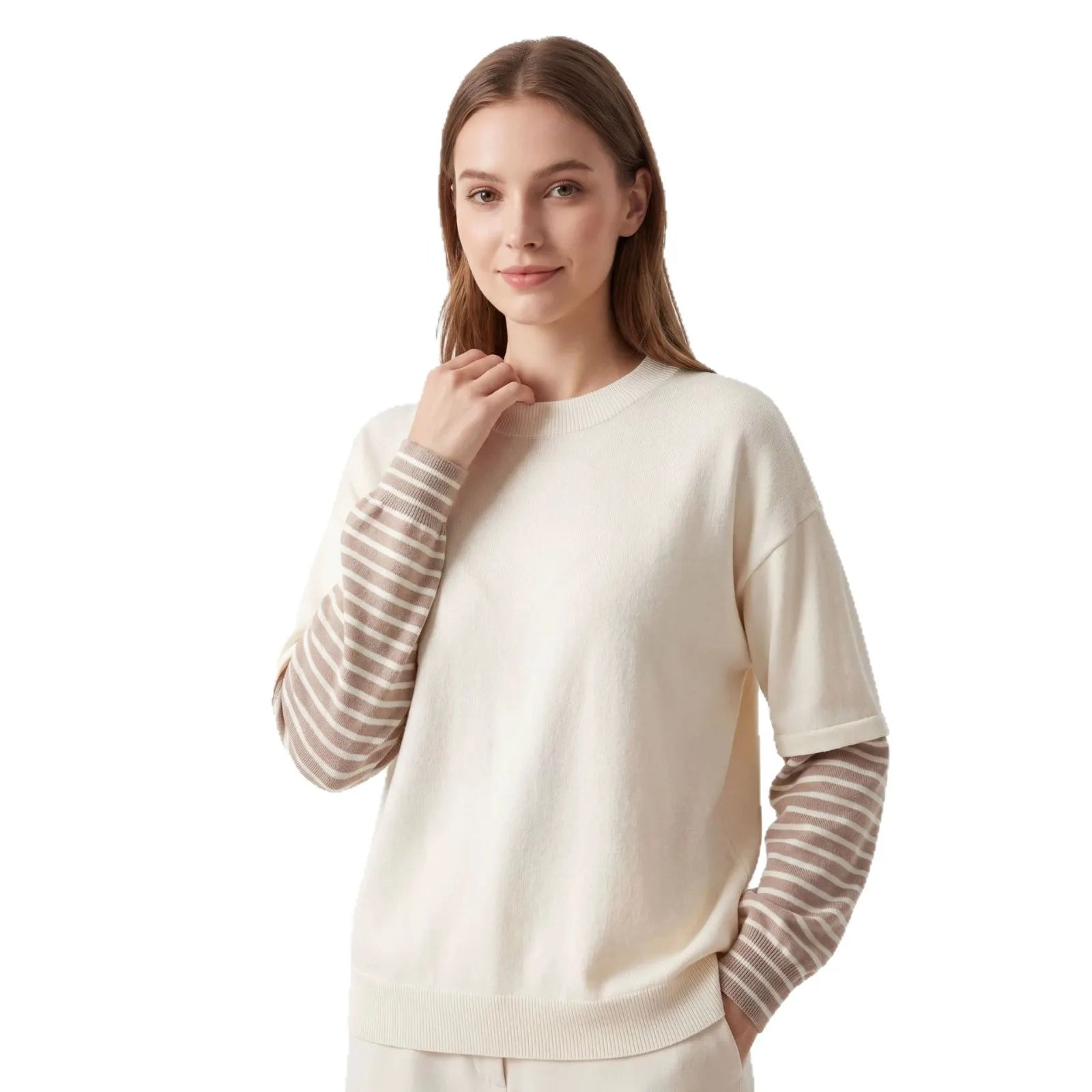Color Block Stripe Cuff Round Neck Loose Knit Pullover Sweater