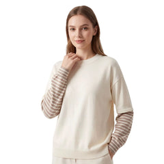 Color Block Stripe Cuff Round Neck Loose Knit Pullover Sweater
