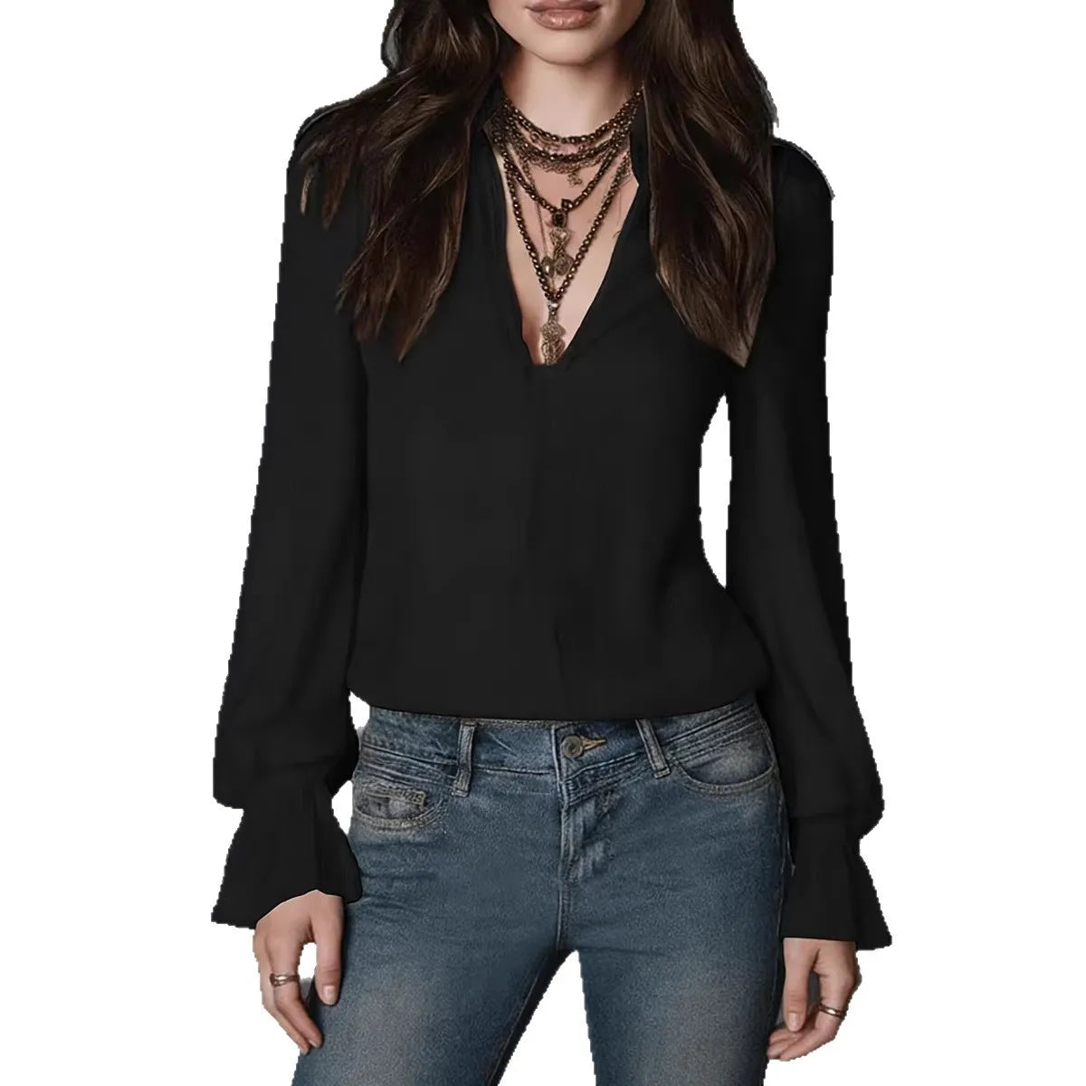Puff Sleeve Ruffle Cuff Textured V Neck Blouse