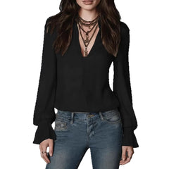 Puff Sleeve Ruffle Cuff Textured V Neck Blouse