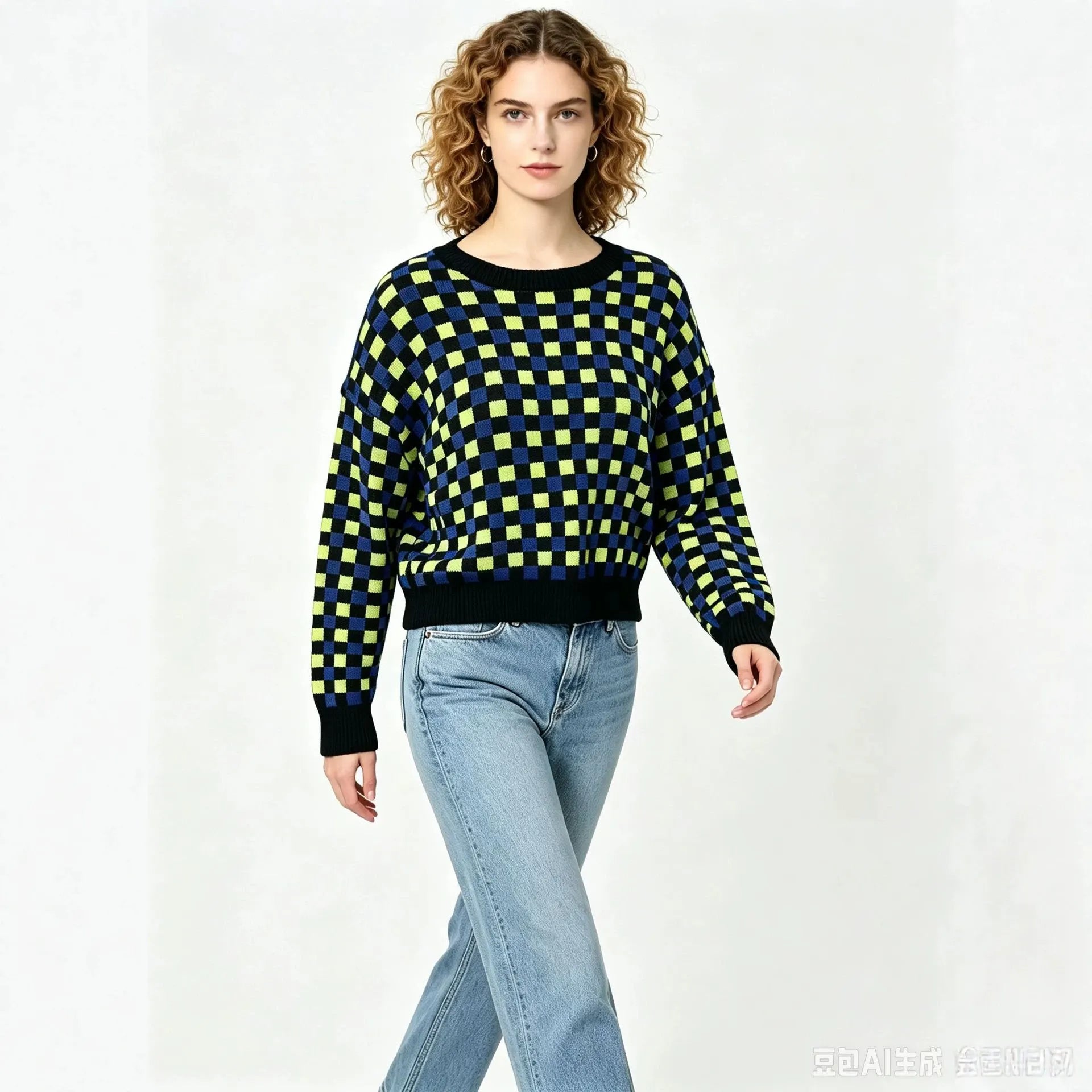 Color Block Checkerboard Jacquard Round Neck Pullover Sweater