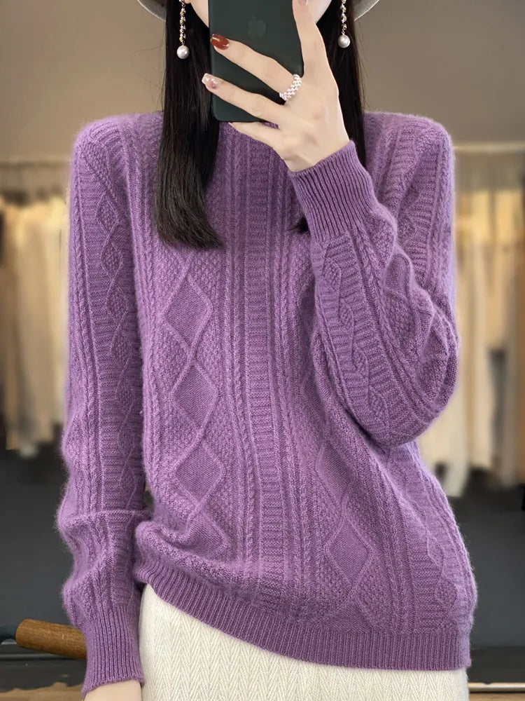 Crew Neck Diamond Jacquard Pullover Sweater