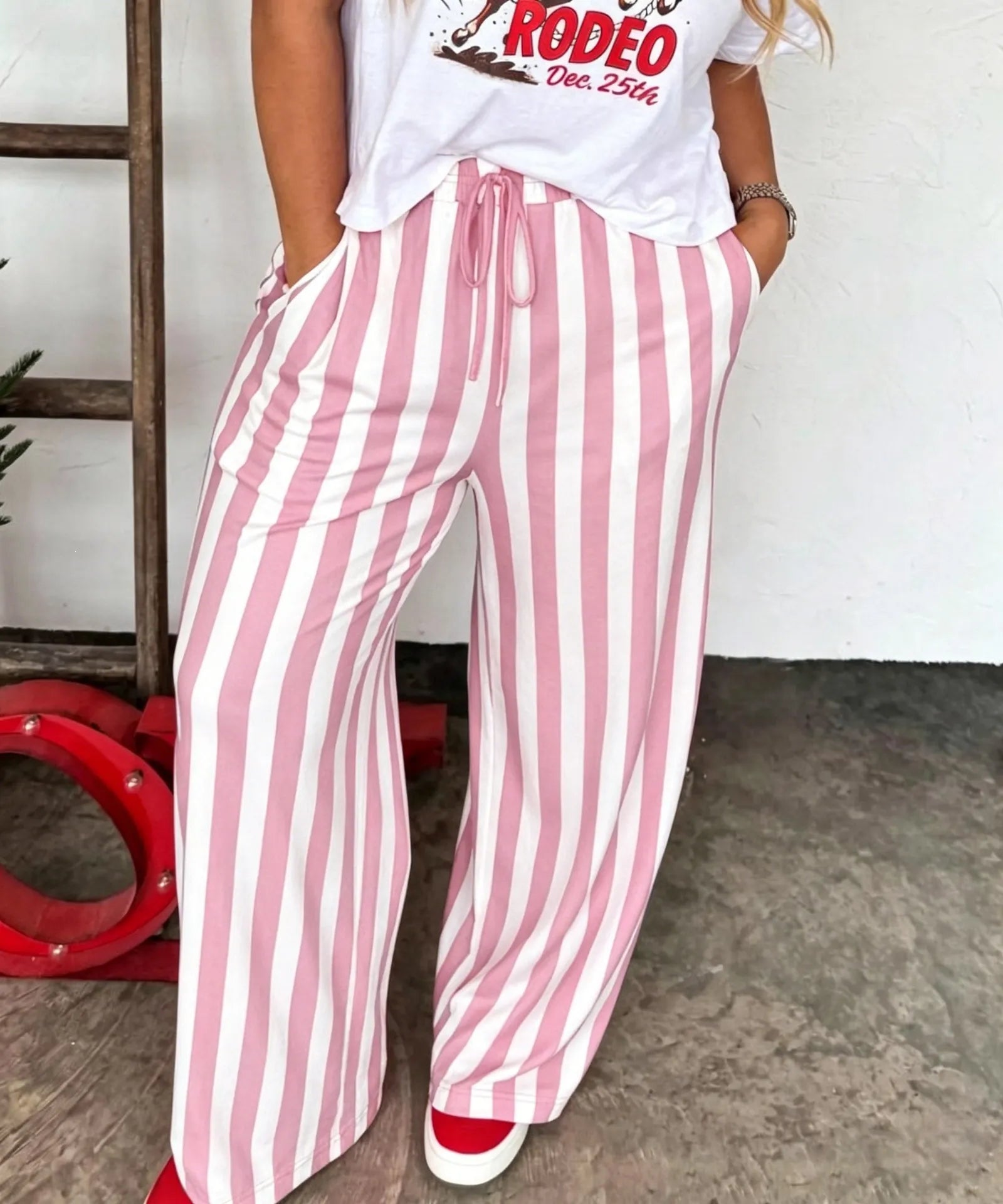 Vertical Stripe Drawstring Wide Leg Casual Pants
