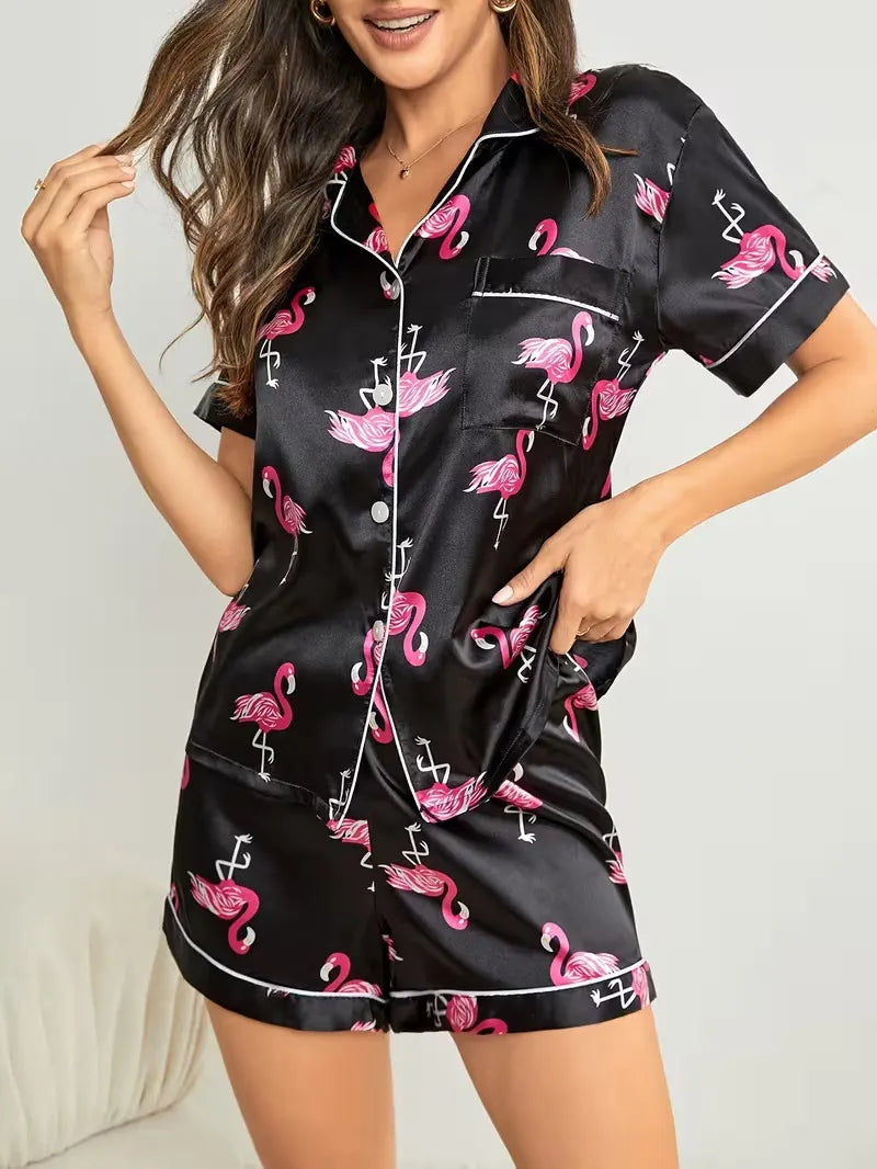 Ladies Plus Size Friendly Satin Pajama Set Cute Panda Heart Pattern Short Sleeve Top & Elastic Shorts Nightwear