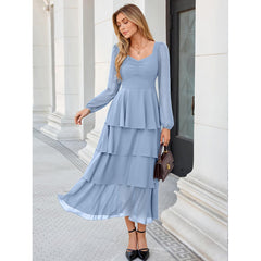 Dusty Blue Chiffon Tiered Maxi Dress | Long Sleeve Sweetheart Neck Formal Dress