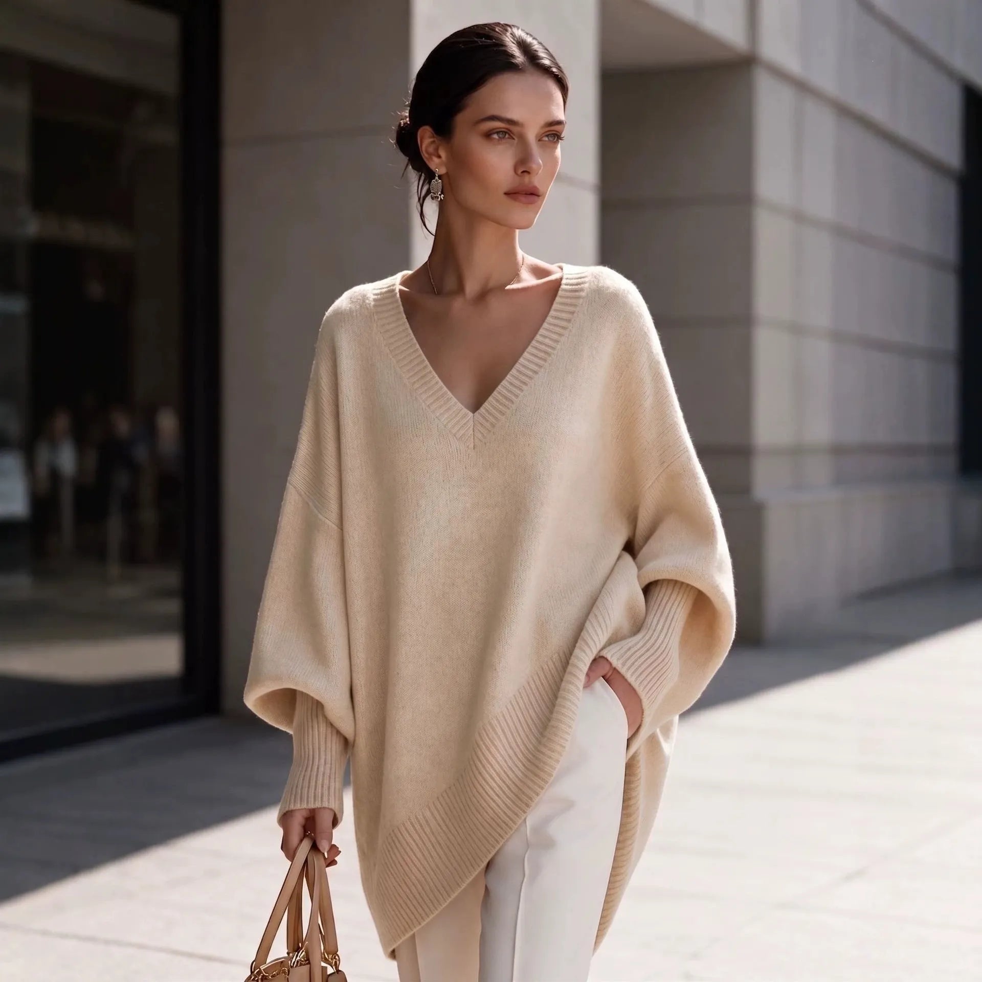 Dusty Pink Oversized V Neck Tunic Sweater, Batwing Long Sleeve Soft Knit Top