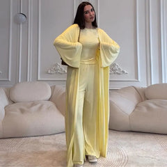 3-Piece Lounge Set, Long Sleeve Kimono Cardigan & Tank Top & Wide Leg Pants