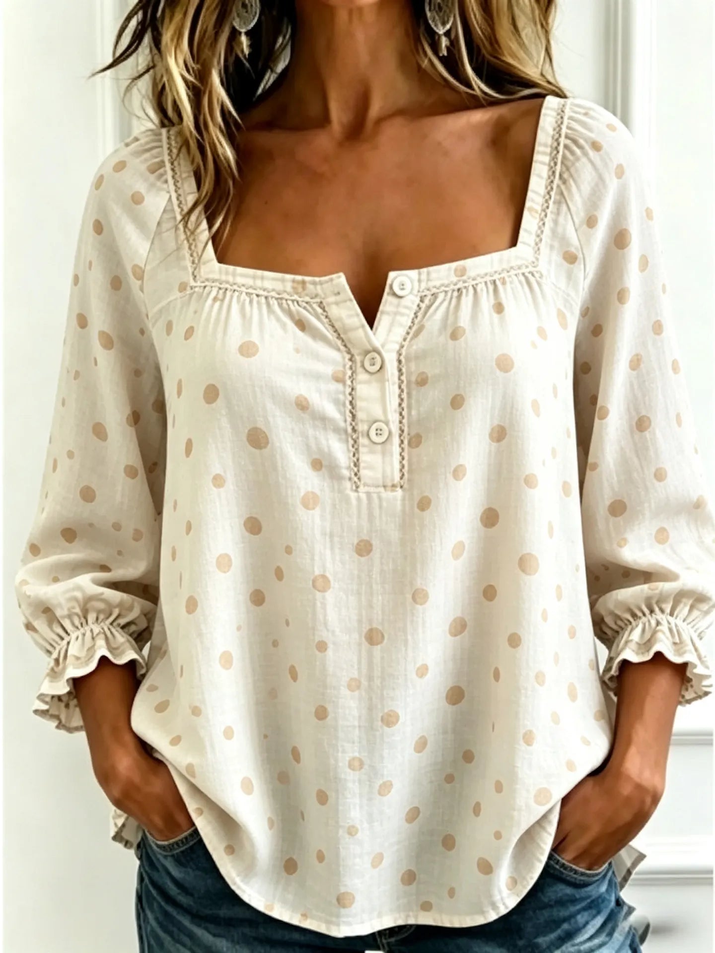 Plaid Square Neck Button Front Bubble 7/4 Sleeve Loose Casual Blouse