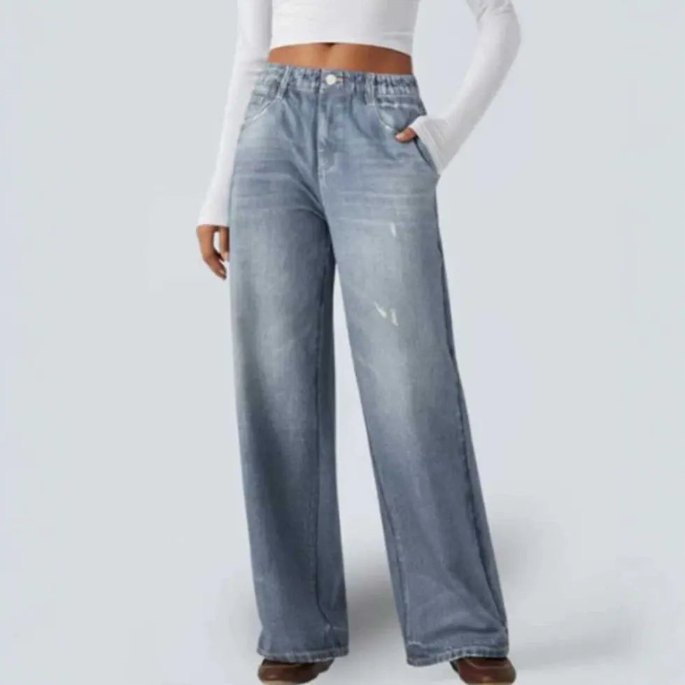 High Waist Faux Denim Wide Leg Trousers, Stretchy Elastic Waist Casual Pants
