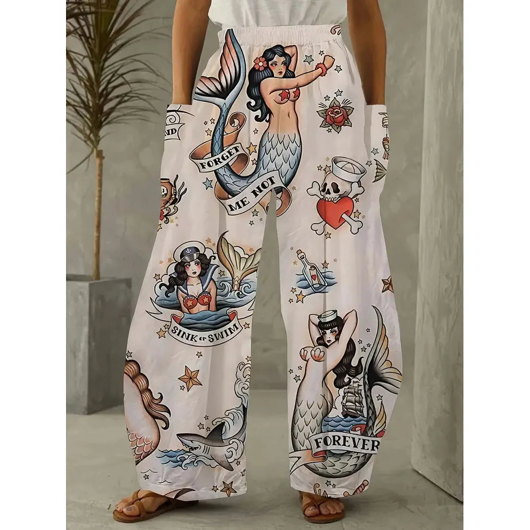 Printed Flare Work Pants | Mid Waist Doodle Heart Print Loose Wide Leg Casual Trousers