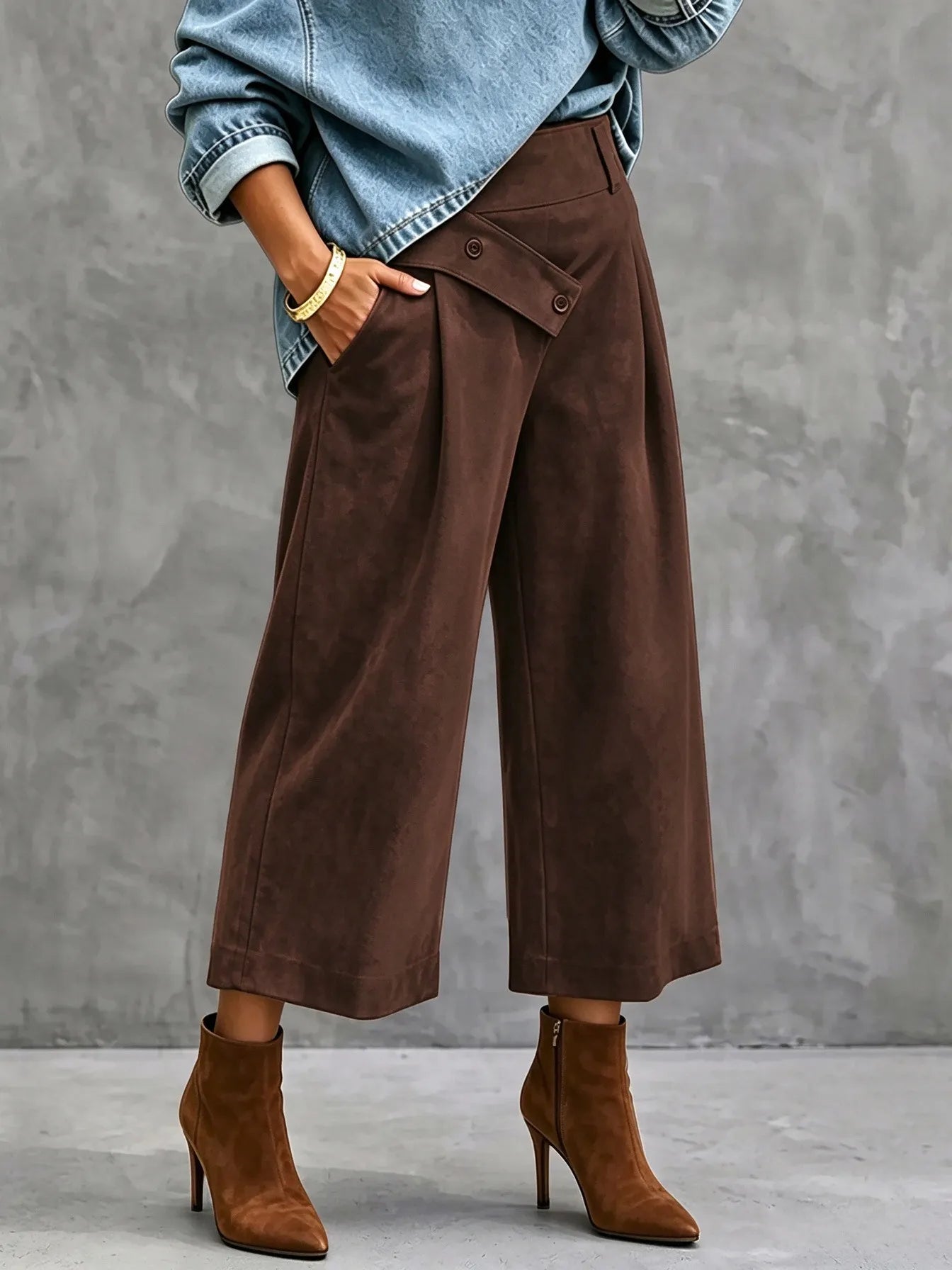 High Waist Wide Leg Trousers, Cross Over Asym Waist Pleated Black Casual Pants