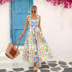 Tie Bow Spaghetti Strap Allover Mediterranean Floral Print Elastic Waist Flowy Midi Dress