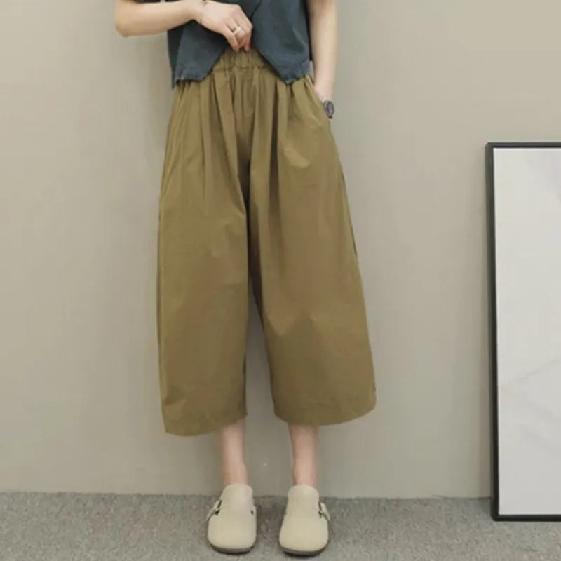 Mid Waist Loose Straight Cropped Casual Pants