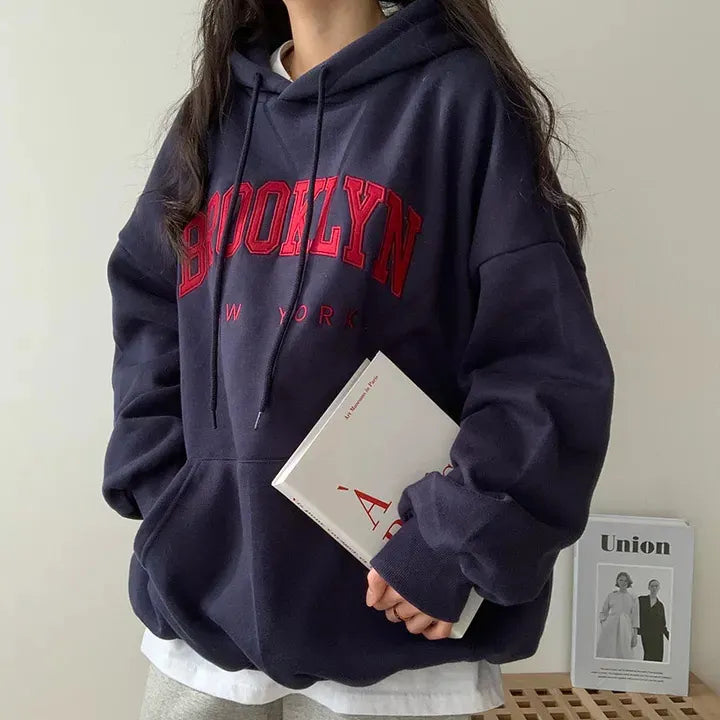Brooklyn New York Letter Embossed Oversized Pullover Hoodie Casual Loose Sweatshirt