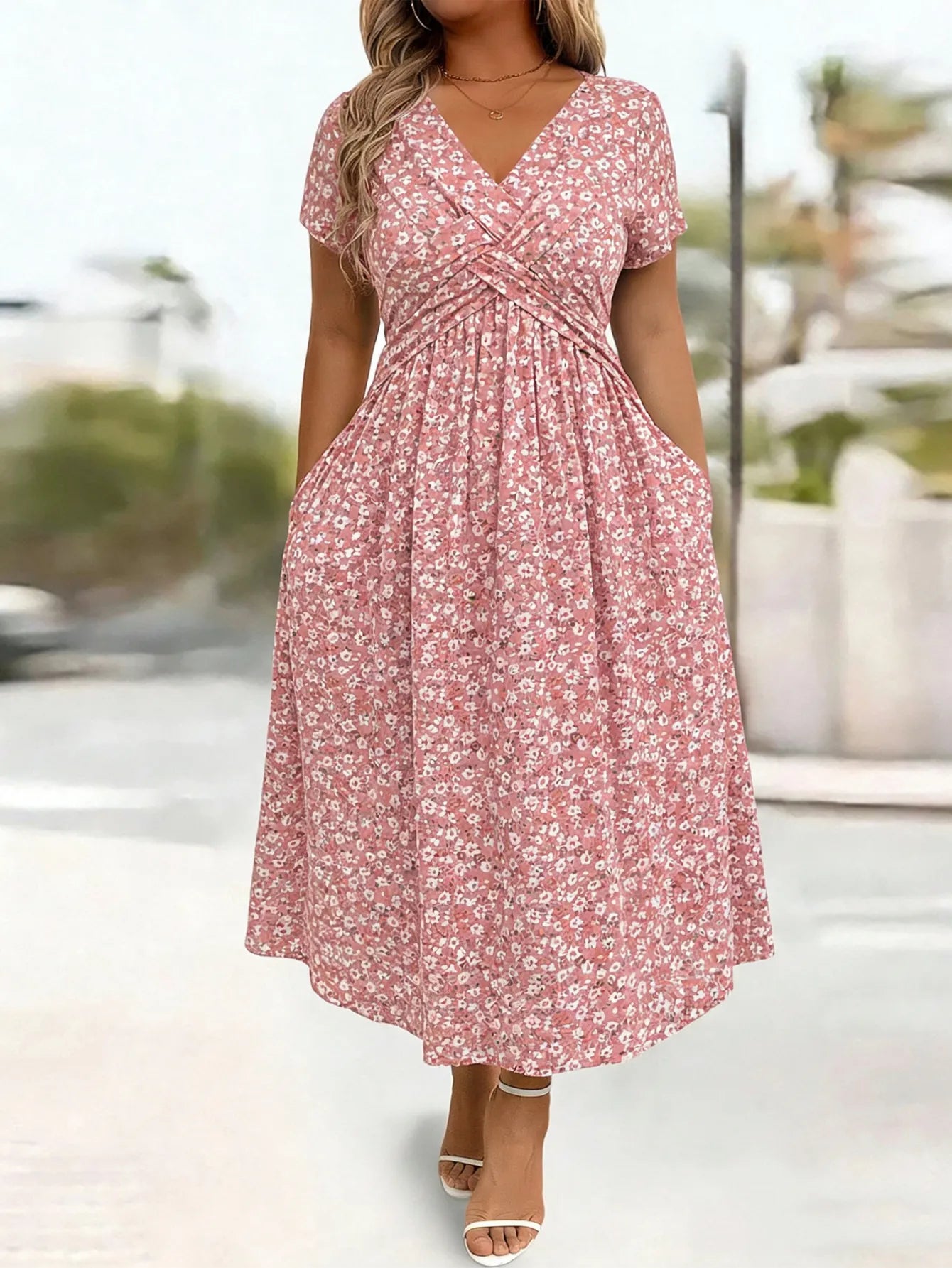 Twist Front A Line Midi Dress, Short Sleeve V-Neck Glitter Dot Print Dress with Pockets