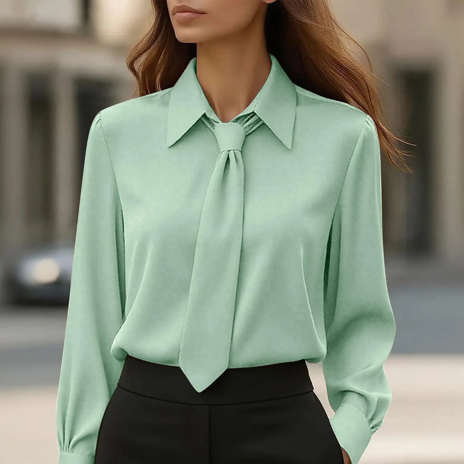 Lapel Tie Neck Solid Soft Satin Long Sleeve Commuter Blouse