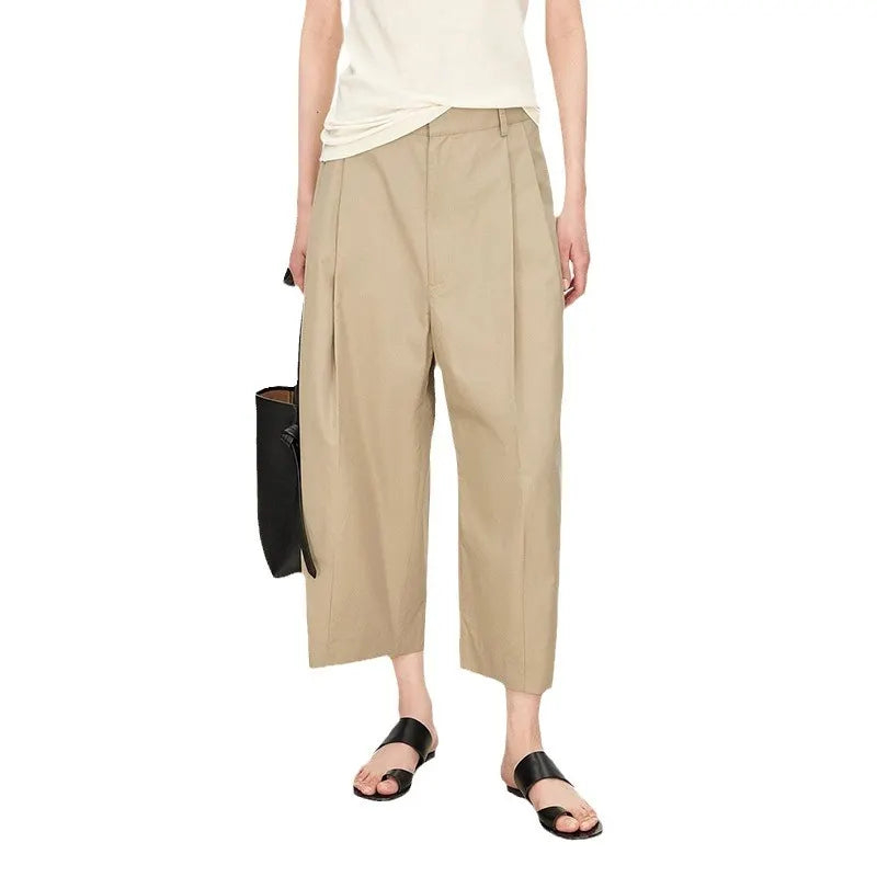 Mid Waist Pinch Pleats Loose Cropped Straight Commuter Casual Pants