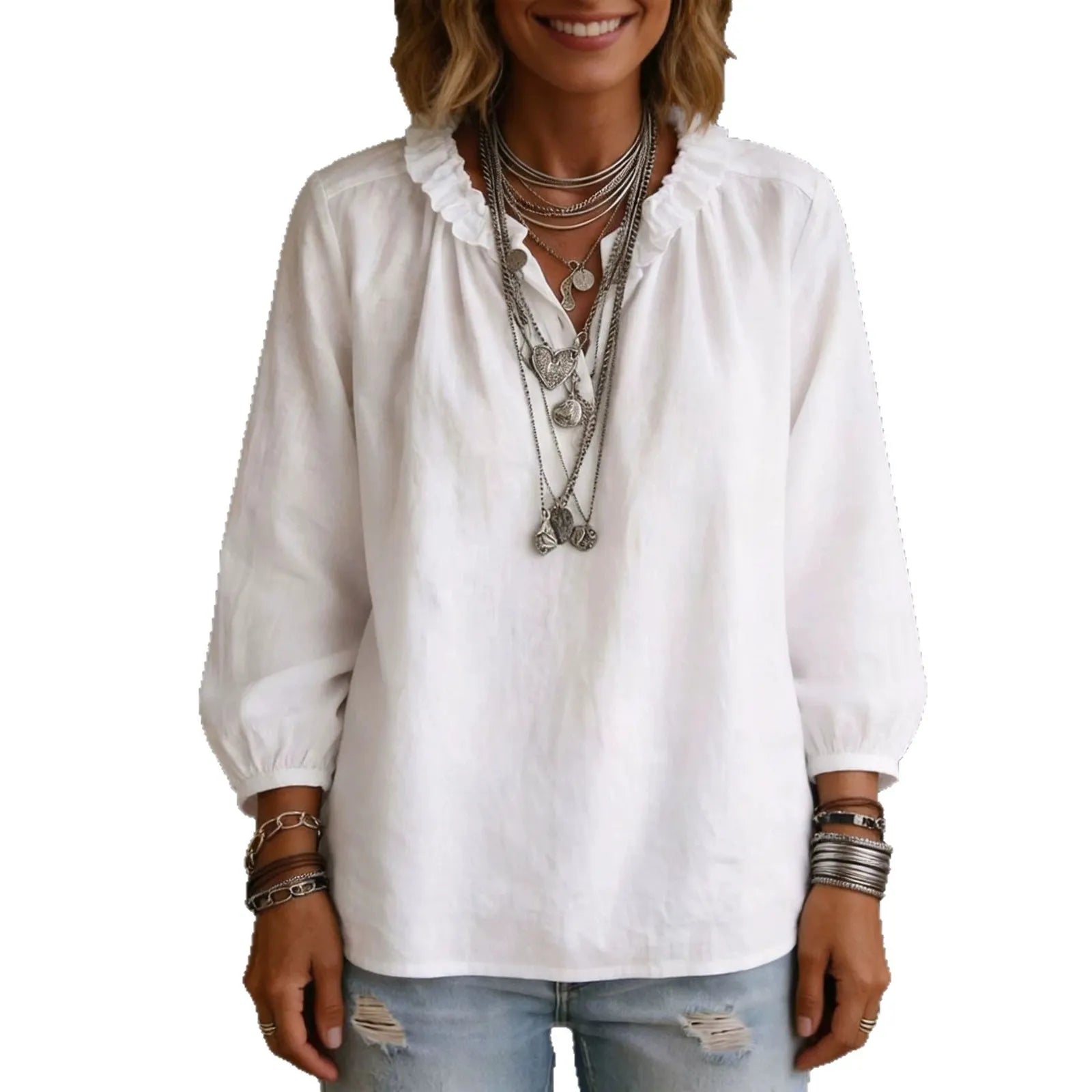 Ruffle Stand Collar Half Button Puff Three-Quarter Sleeve Solid Polyester Blouse