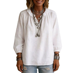 Ruffle Stand Collar Half Button Puff Three-Quarter Sleeve Solid Polyester Blouse