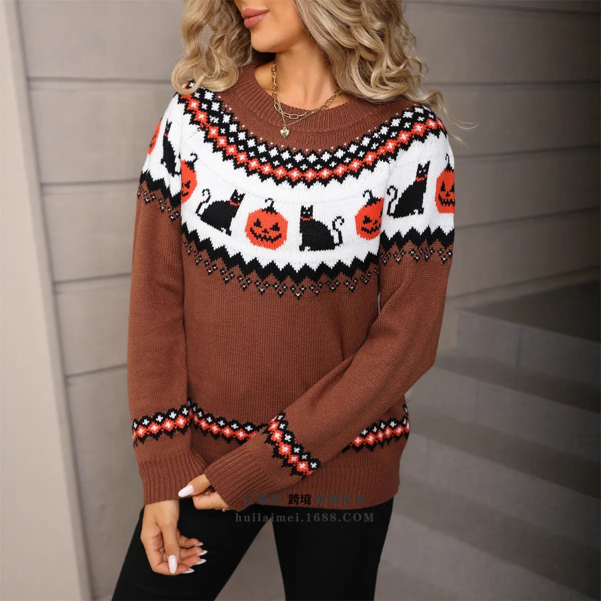 Halloween Black Cat Pumpkin Crew Neck Sweater
