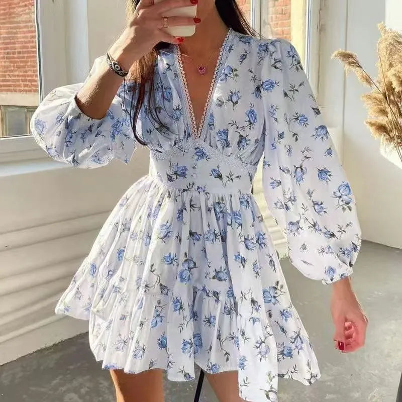 Sweet Floral V-Neck Bubble Sleeve A-Line Mini Dress Loose Waist Lightweight Campus Daily Dress