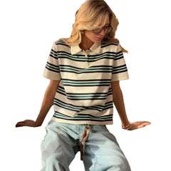 Striped Polo Collar Short Sleeve Casual T-Shirt