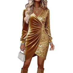 Gold Velvet & Sequin Wrap Mini Dress