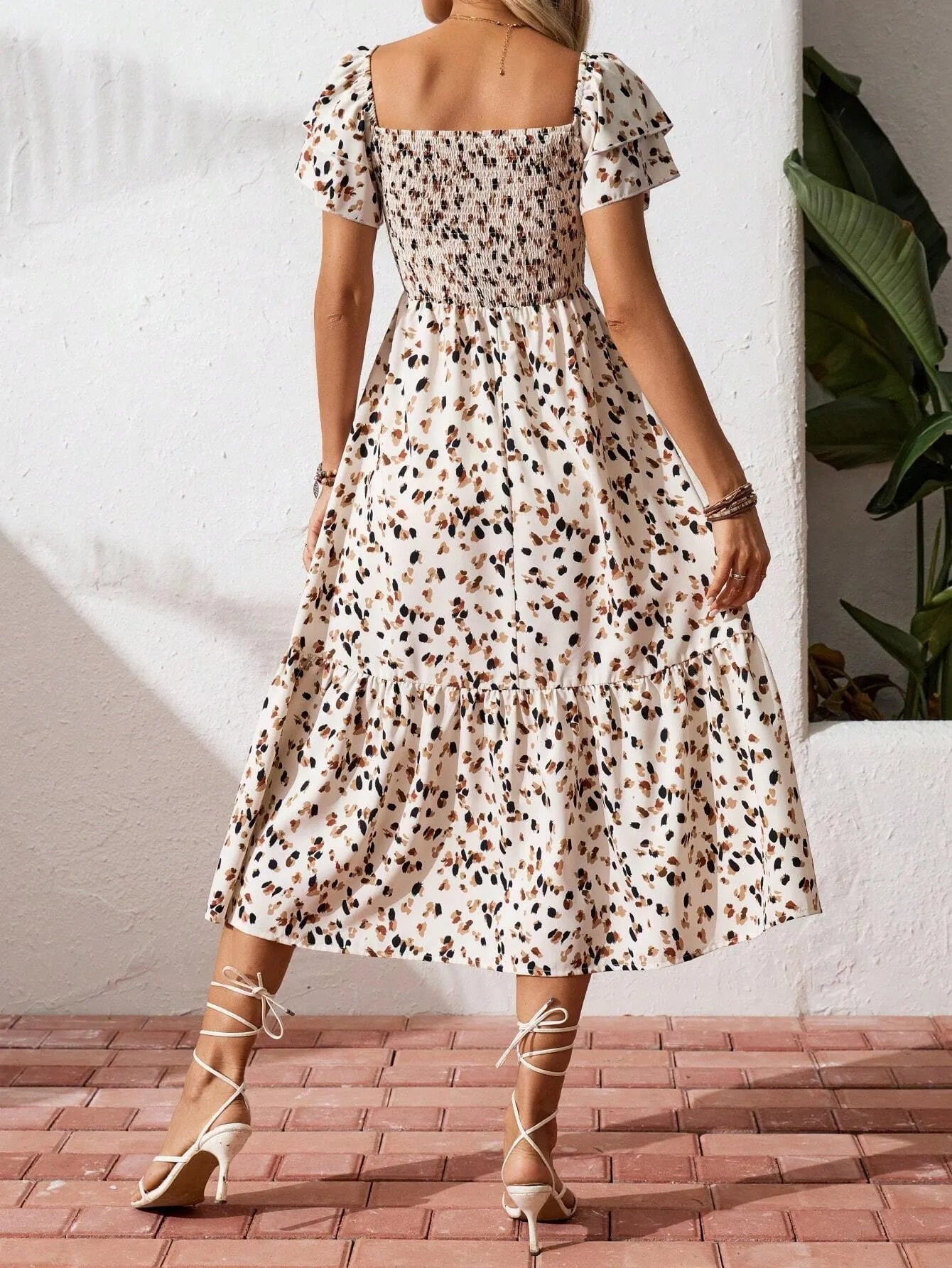 Square Neck Ruffle Sleeve Leopard Print Smocked Waist Midi Dress