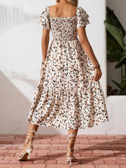 Square Neck Ruffle Sleeve Leopard Print Smocked Waist Midi Dress