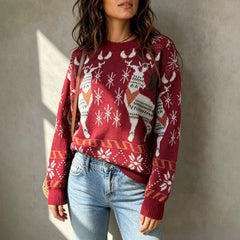 Reindeer Snowflake Jacquard Round Neck Pullover Sweater