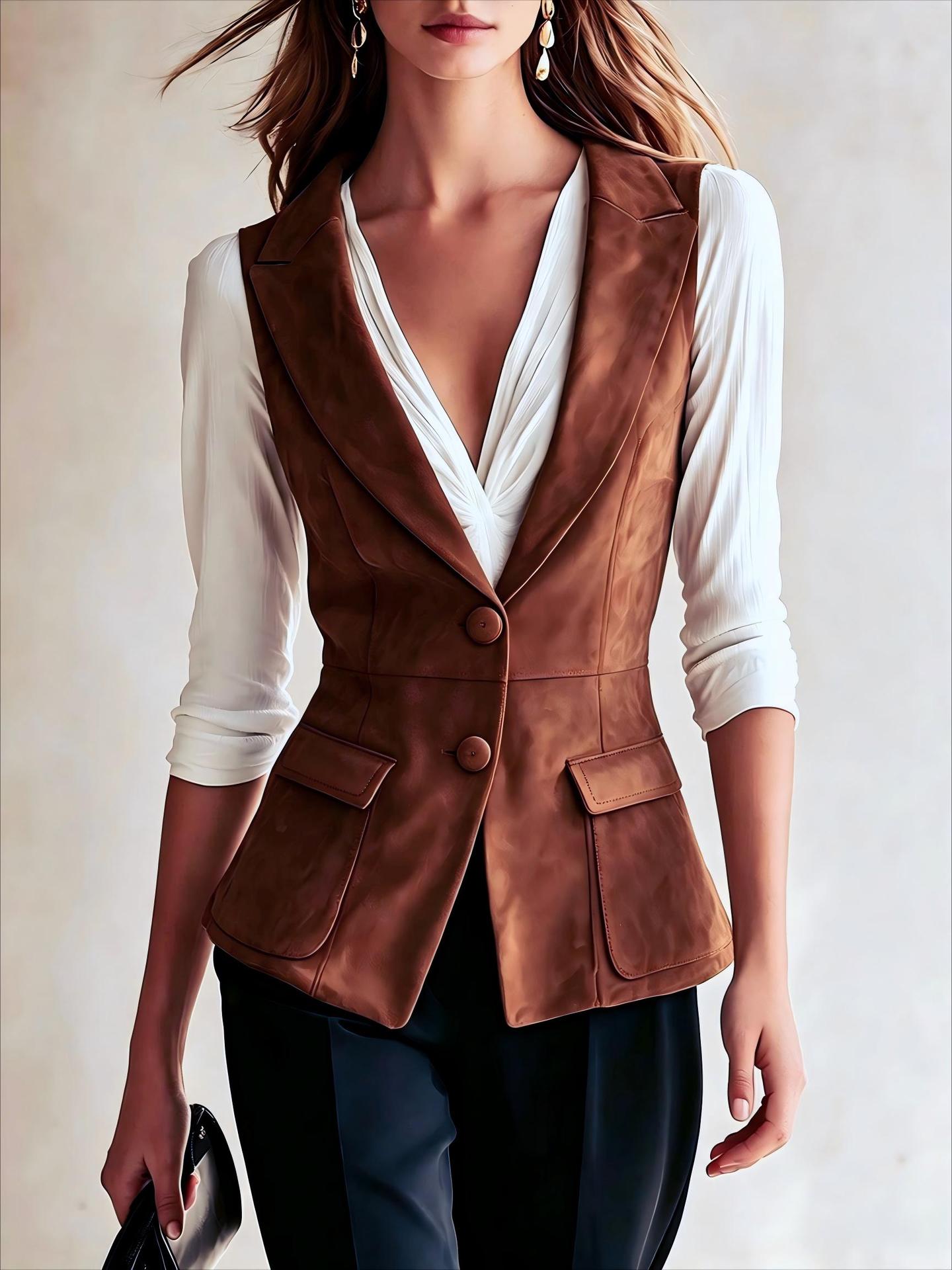 Black Fitted Blazer Vest, Sleeveless Notched Lapel Button Waistcoat for Office & Daily