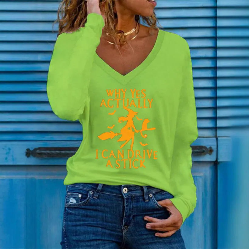 Halloween Witch Graphic V‑Neck Long Sleeve T‑Shirt