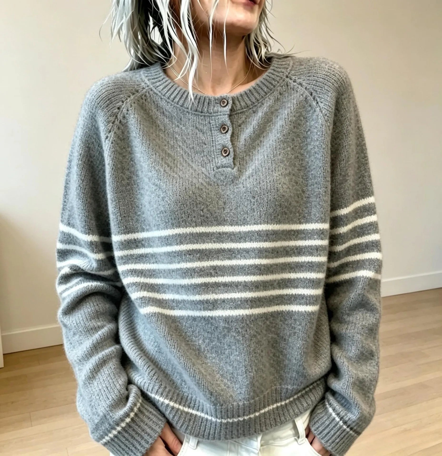 Striped Henley Neck Pullover Sweater