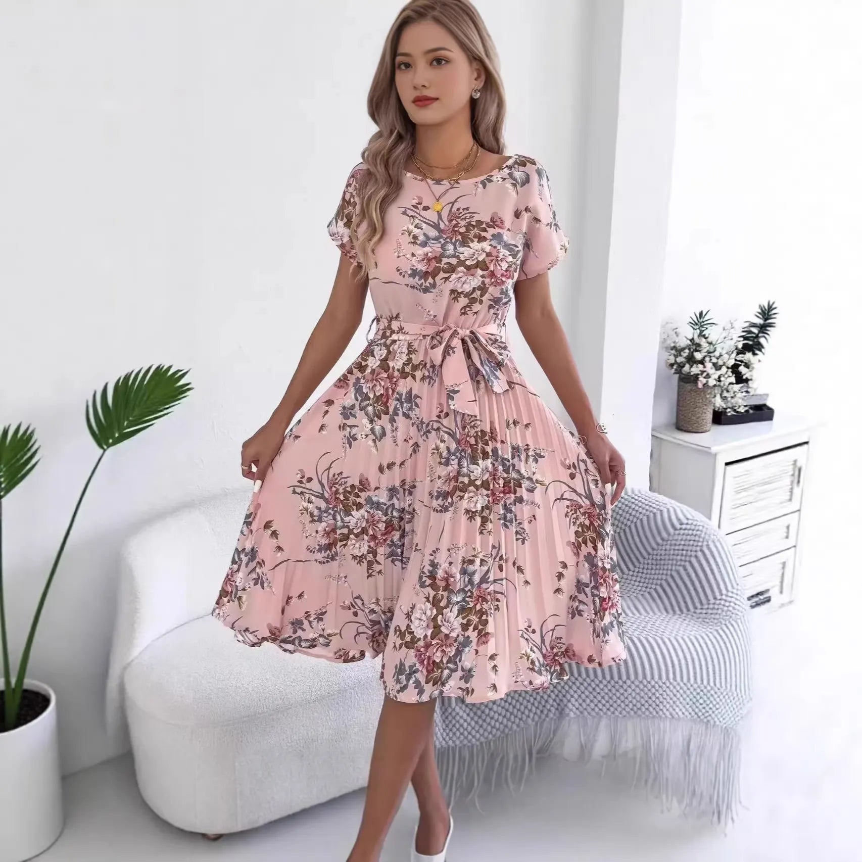 Floral Print Short Sleeve Pleated Midi Dress
