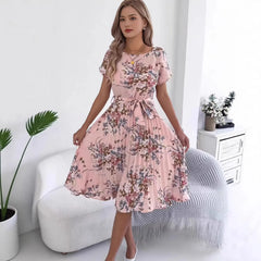 Floral Print Short Sleeve Pleated Midi Dress
