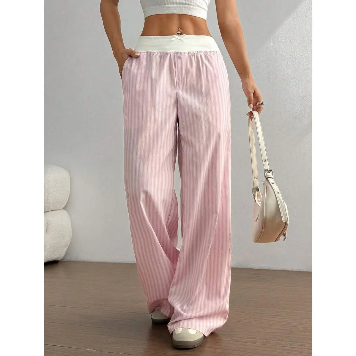 Elastic High Waist Striped Wide Leg Casual Pants