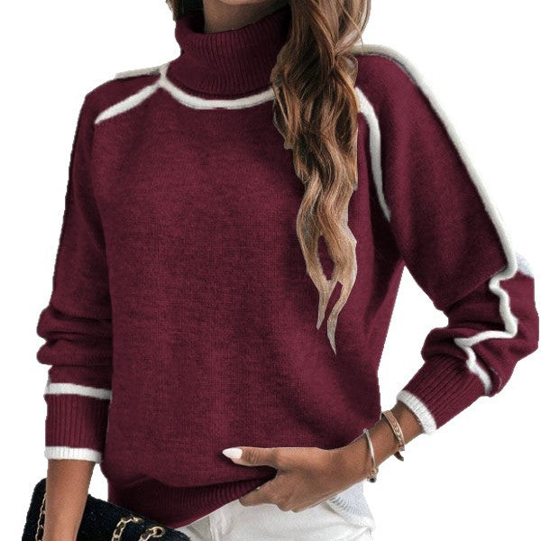 Contrast Trim Turtleneck Sweater, Ladies Raglan Sleeve Soft Knit Loose Fit Casual Pullover