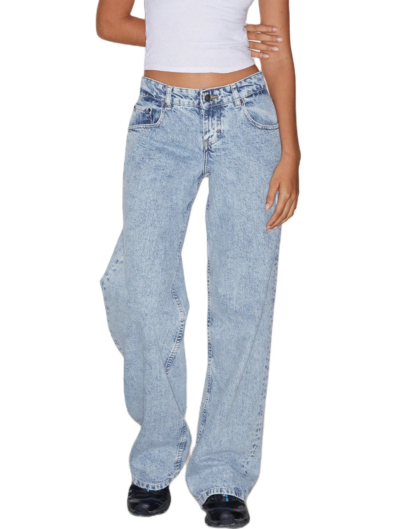 Vintage Wash Low Rise Wide Leg Denim Jeans