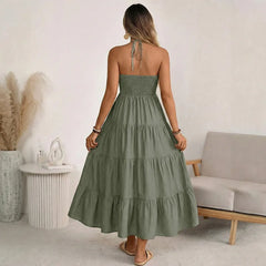 Green Halter Neck Tiered Maxi Dress
